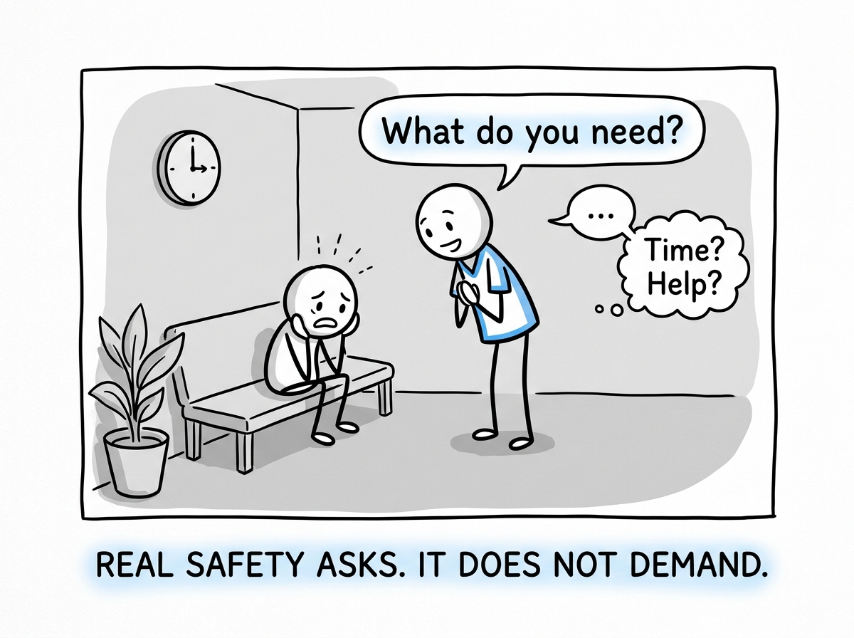 The stick figure in a safe environment where someone asks 'What do you need?' instead of pushing past their limits