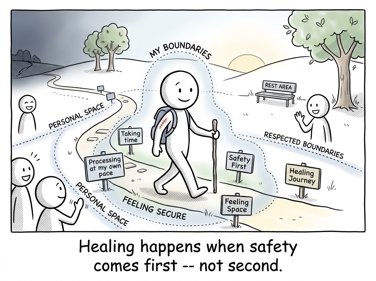The stick figure processing at their own pace, the old wound still present but not reopened, their boundaries respected