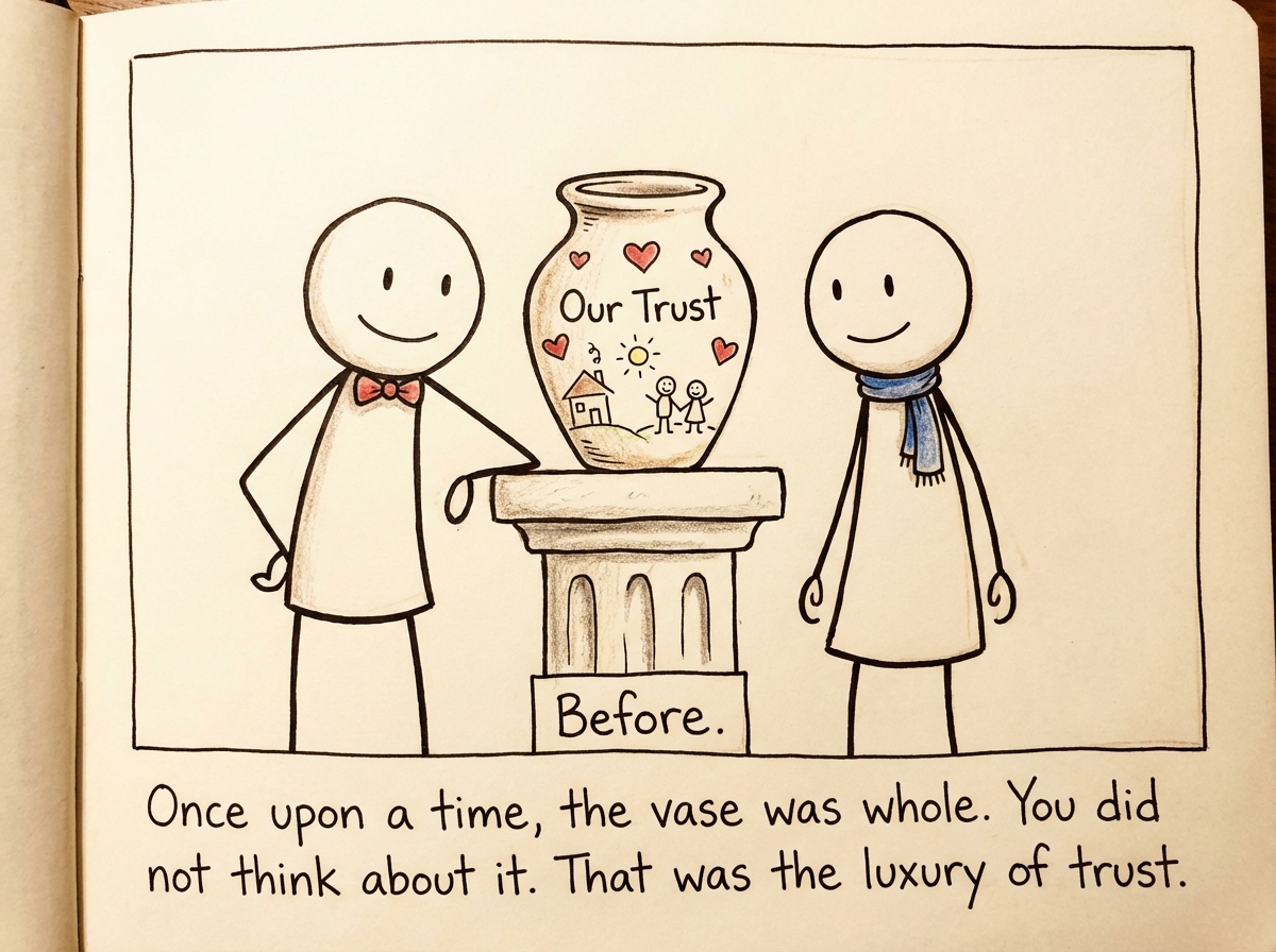 Two stick figures stand on opposite sides of a beautiful intact vase sitting on a pedestal between them. The vase is labeled 'Our Trust' and is decorated with small hearts and shared memories. Both figures look proud and comfortable. One has their arm resting casually on the pedestal. A label at the bottom reads 'Before.' The scene is warm and unsuspecting.