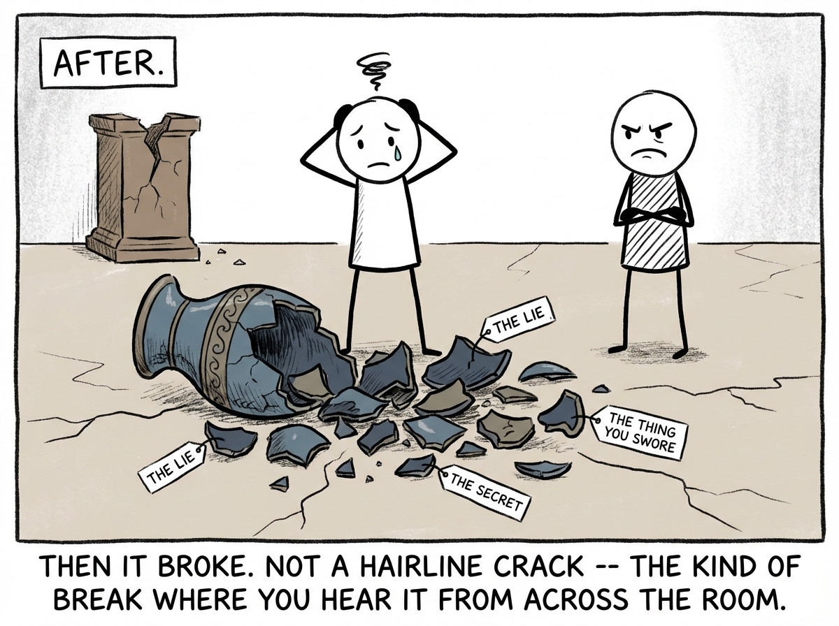 The vase lies shattered on the floor in dozens of jagged pieces. One stick figure stands over it looking devastated, hands on their head. The other figure stands a few steps back, arms crossed, expression a mixture of anger and grief. Pieces of the vase are labeled with fragments: 'the lie,' 'the secret,' 'the thing you swore.' A label reads 'After.' The pedestal is empty and cracked.