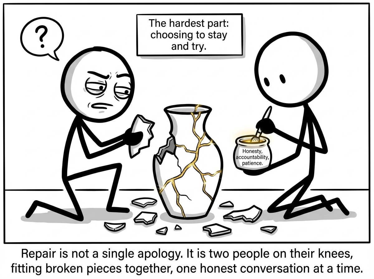 Both stick figures are on their knees, carefully picking up pieces of the vase. One holds a piece and tries to fit it against another, squinting at the jagged edges. The other holds a small pot of gold lacquer labeled 'Honesty, accountability, patience.' Between them is a half-reassembled vase with visible golden seams where the cracks were filled. Their expressions are focused and tired but they are working together. A label reads 'The hardest part: choosing to stay and try.'