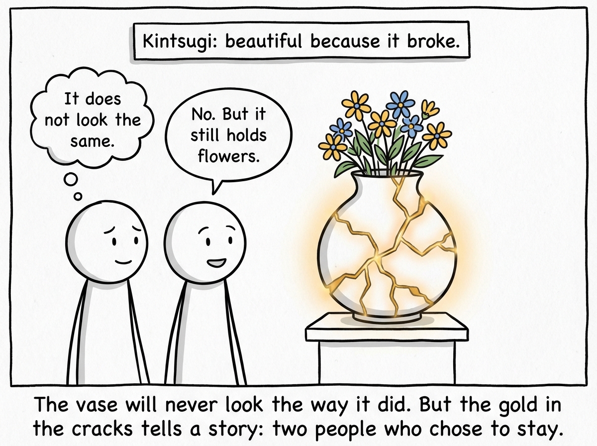 The vase sits back on the pedestal, visibly repaired with gold seams running through it in the kintsugi style. It is not the same vase -- it is different, with the cracks clearly visible but glowing. Fresh flowers sit inside it. Both stick figures stand together looking at it. One says 'It does not look the same.' The other replies 'No. But it still holds flowers.' Their expressions are tender and honest. A label reads 'Kintsugi: beautiful because it broke.'
