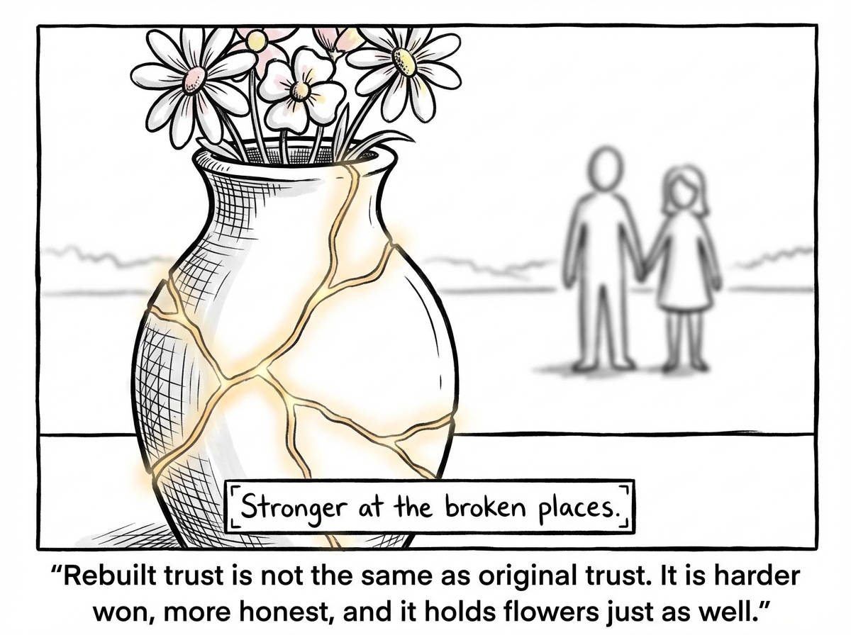 A close-up of the kintsugi vase with golden seams glowing softly, flowers blooming inside. A small plaque at the base reads 'Stronger at the broken places.' The two stick figures are visible in the background, standing side by side, not perfect but present.