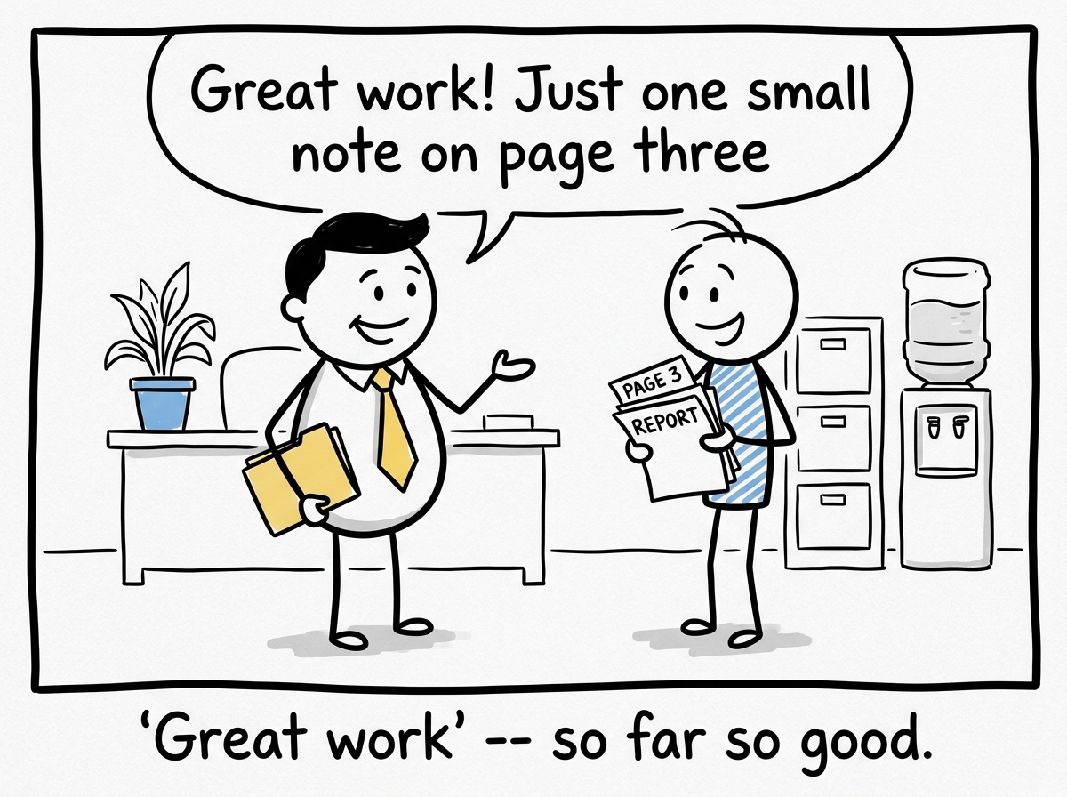A boss stick figure smiling and saying 'Great work! Just one small note on page three' to an employee stick figure who looks hopeful
