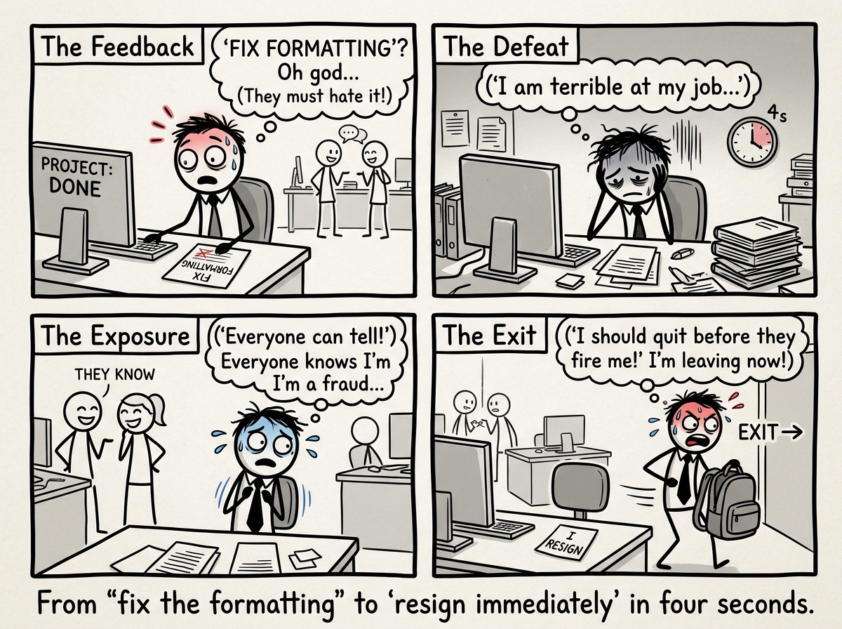 The employee's internal monologue spiraling: 'They hate it' leads to 'I am terrible at my job' leads to 'Everyone can tell' leads to 'I should quit before they fire me'