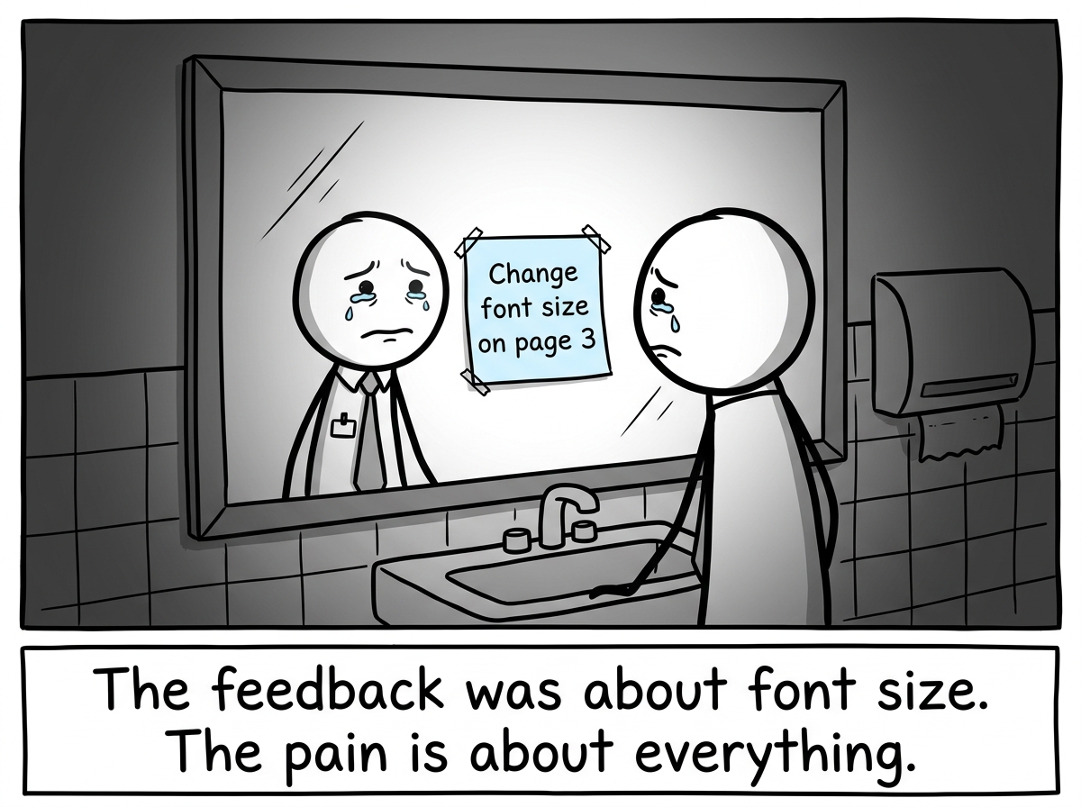 The employee in the bathroom staring at their reflection, eyes watering, while the actual feedback note taped to the mirror reads simply 'Change font size on page 3'