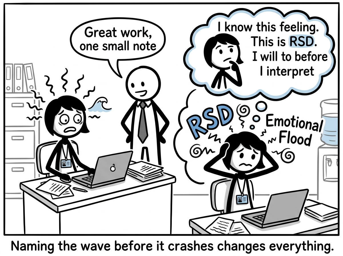 An employee hearing 'Great work, one small note' and feeling the emotional flood start, then pausing and thinking 'I know this feeling. This is RSD. I will wait before I interpret'