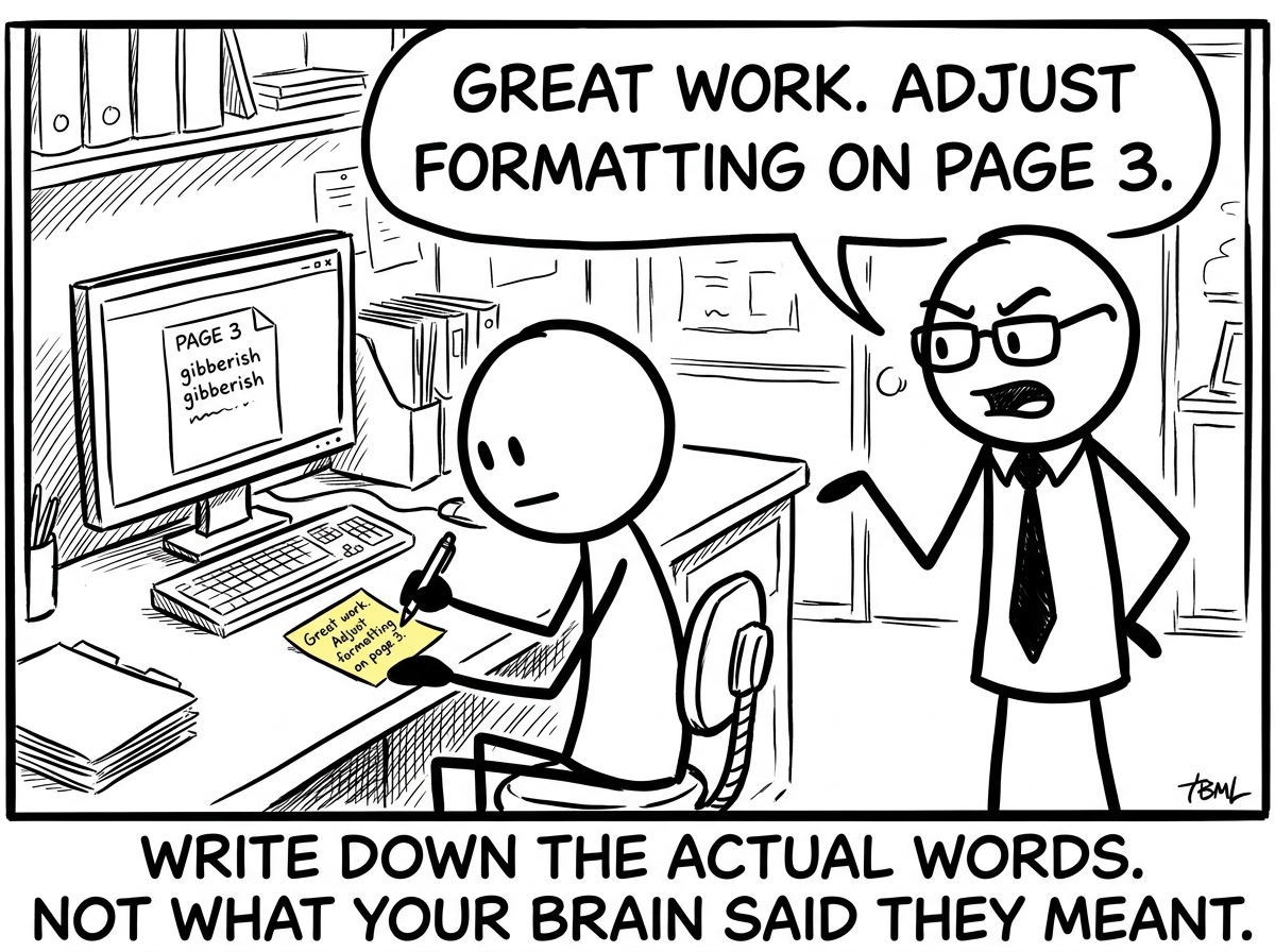 The employee writing down what the boss actually said word-for-word on a sticky note: 'Great work. Adjust formatting on page 3.' Reading it back without the emotional filter