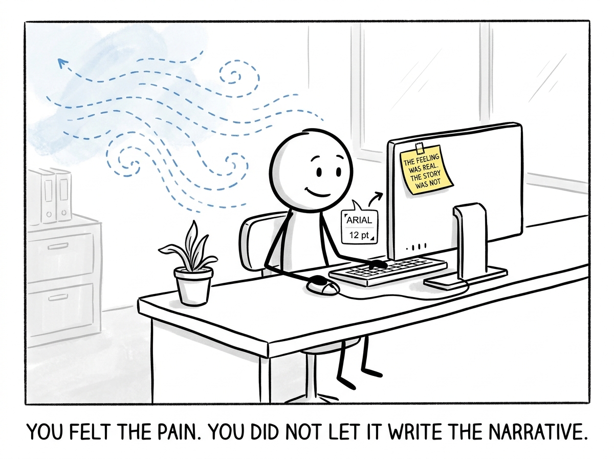 The employee back at their desk, adjusting the font on page three, the emotional flood receding, a sticky note on their monitor reading 'The feeling was real. The story was not'