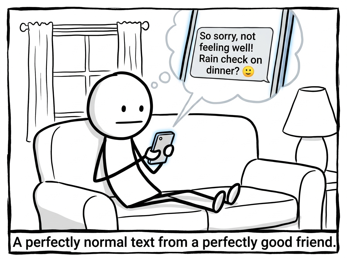 A stick figure receiving a text that reads 'So sorry, not feeling well! Rain check on dinner?' with a friendly emoji, looking at the phone calmly at first