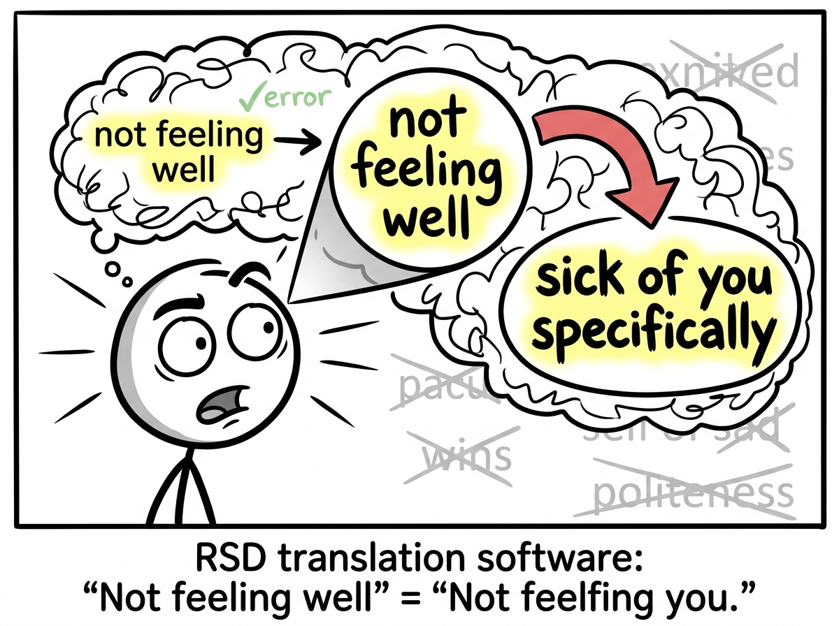 The stick figure's eyes widening as their brain highlights and zooms in on the words 'not feeling well' and replaces them with 'sick of you specifically'