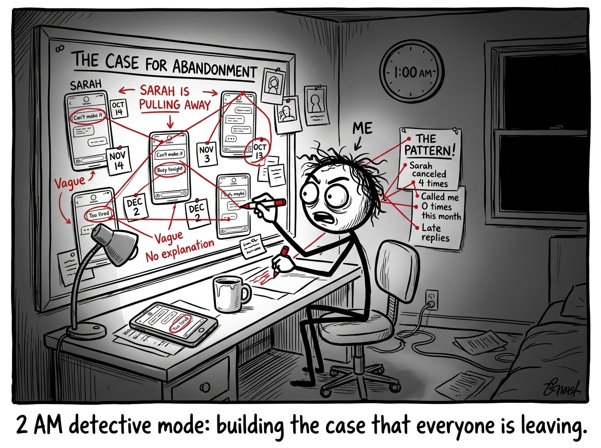 The stick figure scrolling frantically through old text messages at 1 AM, circling messages with red markers, building a conspiracy board connecting evidence that the friend has been slowly pulling away