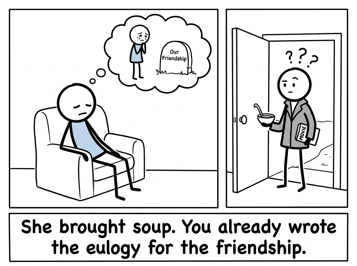 The next day, the friend shows up at the stick figure's door with soup and a movie, looking confused, while the stick figure has already mentally grieved the entire friendship