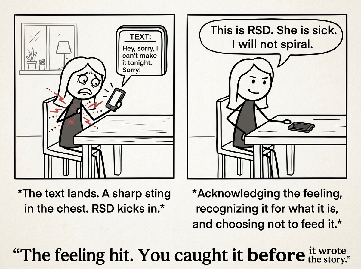 A stick figure reading the cancellation text and feeling the sting, then putting the phone down and saying 'This is RSD. She is sick. I will not spiral'
