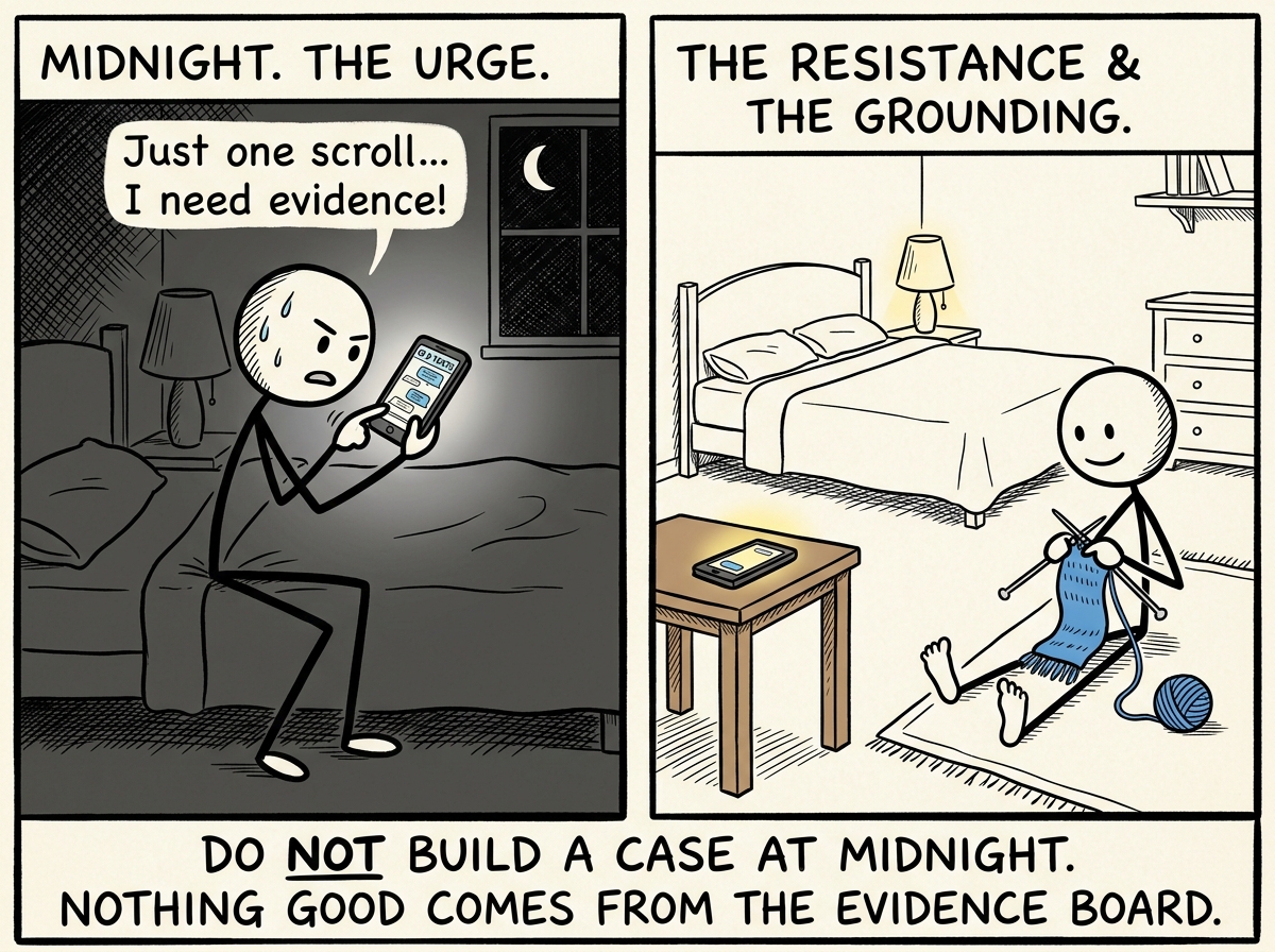 The stick figure resisting the urge to scroll through old texts for evidence, instead setting the phone across the room and doing something grounding