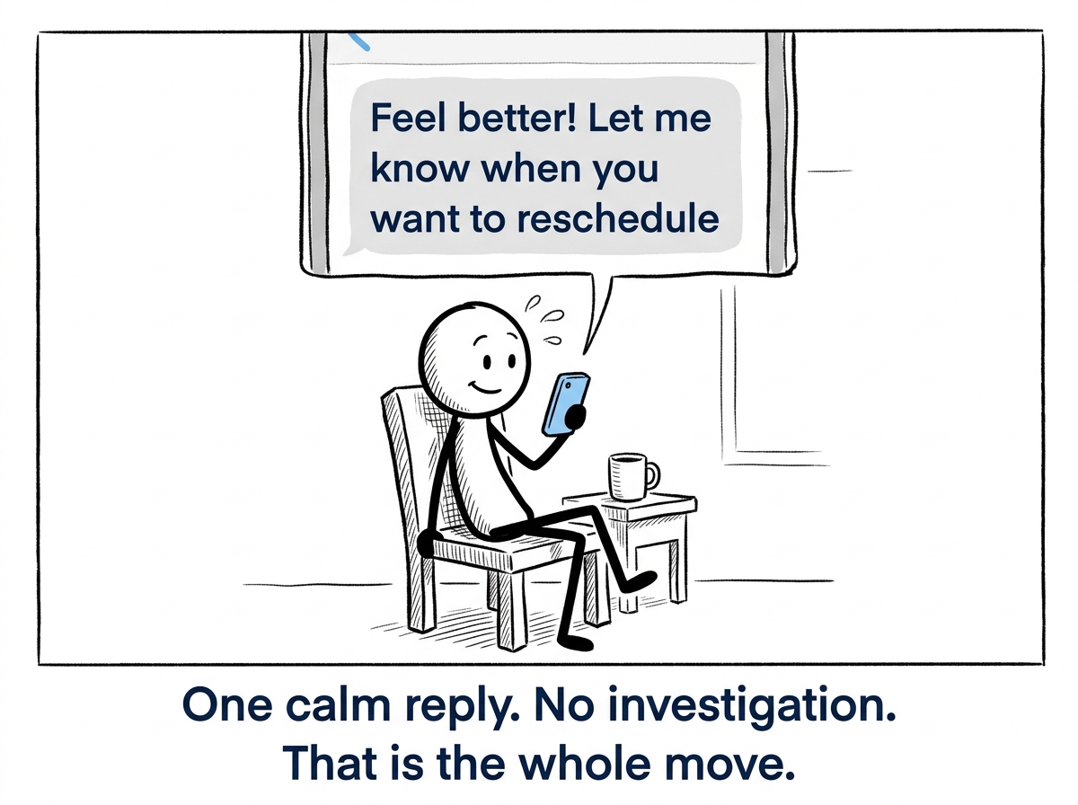 The stick figure texting back a simple 'Feel better! Let me know when you want to reschedule' without adding five follow-up questions about whether the friend is mad