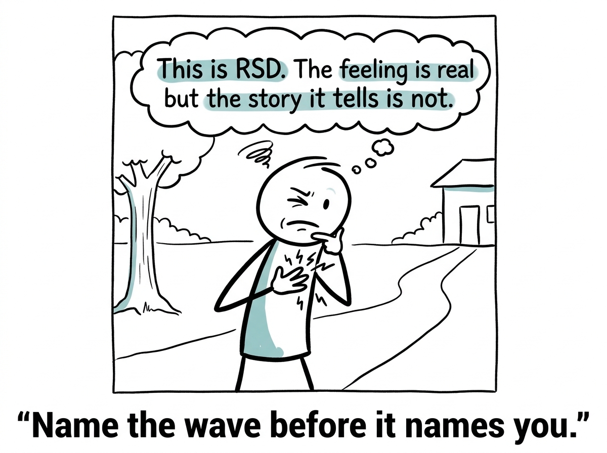 A stick figure feels a sudden wave of rejection pain and pauses, thinking 'This is RSD. The feeling is real but the story it tells is not.'