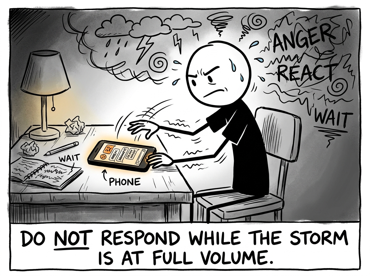 The stick figure putting their phone down instead of firing off a reactive message, hands shaking but choosing to wait