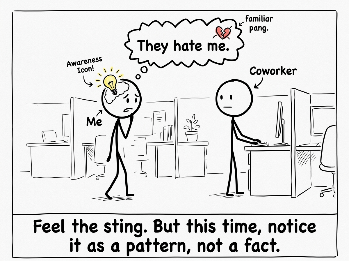 A stick figure noticing a coworker's neutral face and feeling the familiar pang of 'they hate me' while a small awareness icon lights up in their mind