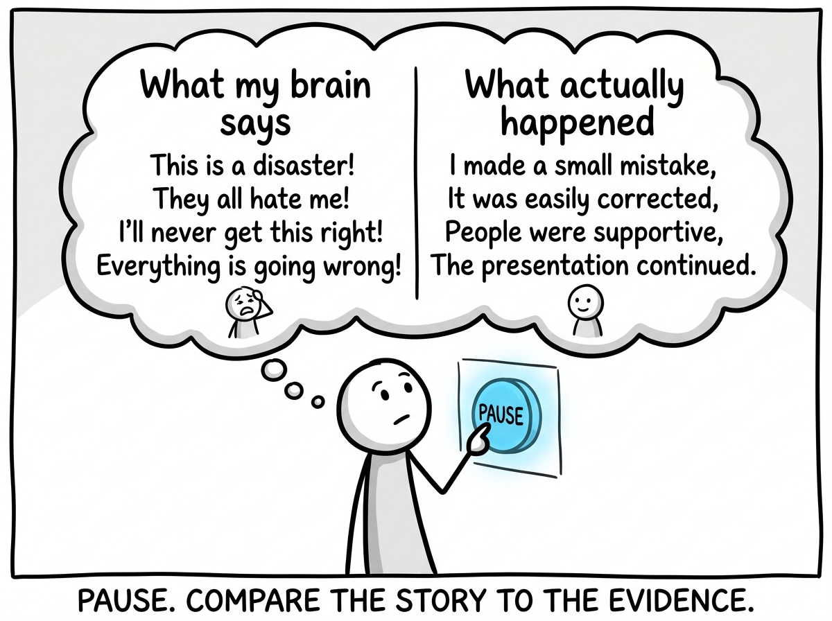The stick figure pressing a mental pause button, with a thought bubble showing two columns: 'What my brain says' versus 'What actually happened'