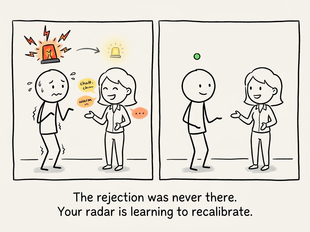 The coworker smiling and chatting warmly while the stick figure's rejection alarm fades to a small, manageable signal