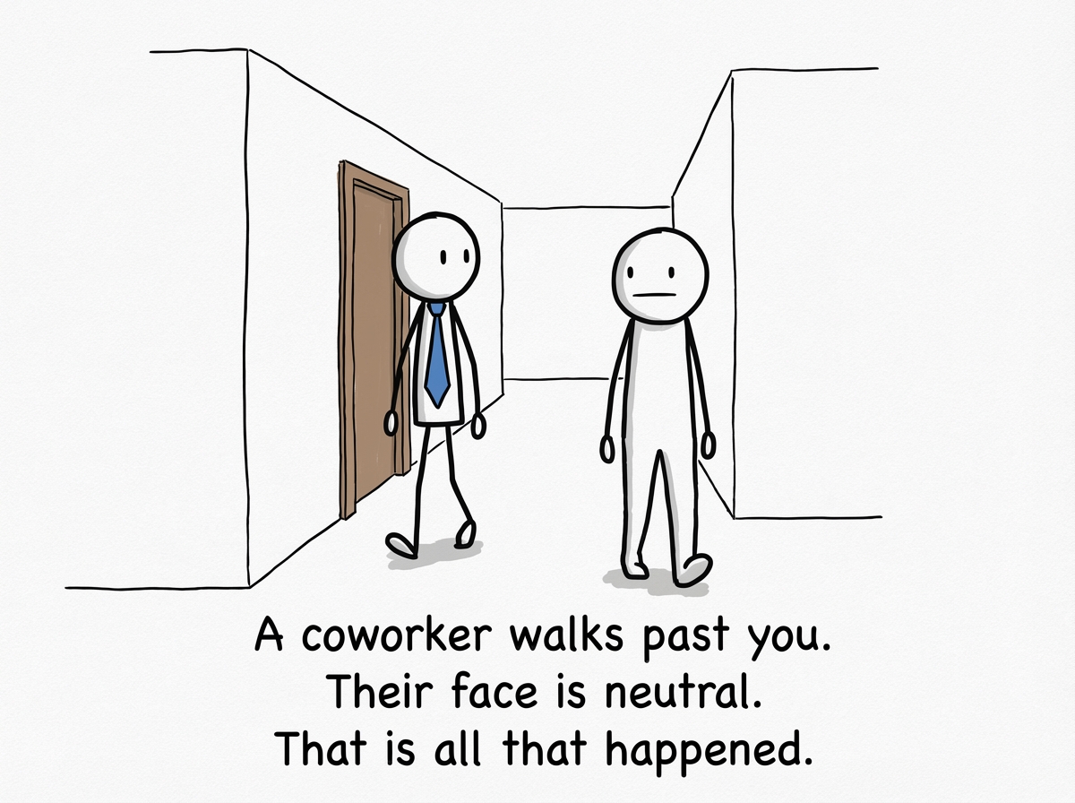 A coworker walking past a stick figure in a hallway with a completely neutral expression -- not angry, not happy, just a face