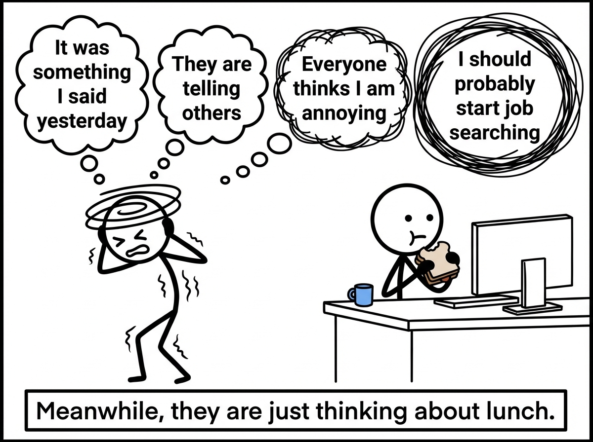 The stick figure spiraling through interpretations: 'It was something I said yesterday' → 'They are telling others' → 'Everyone thinks I am annoying' → 'I should probably start job searching' while the coworker is at their desk, completely unbothered, eating a sandwich