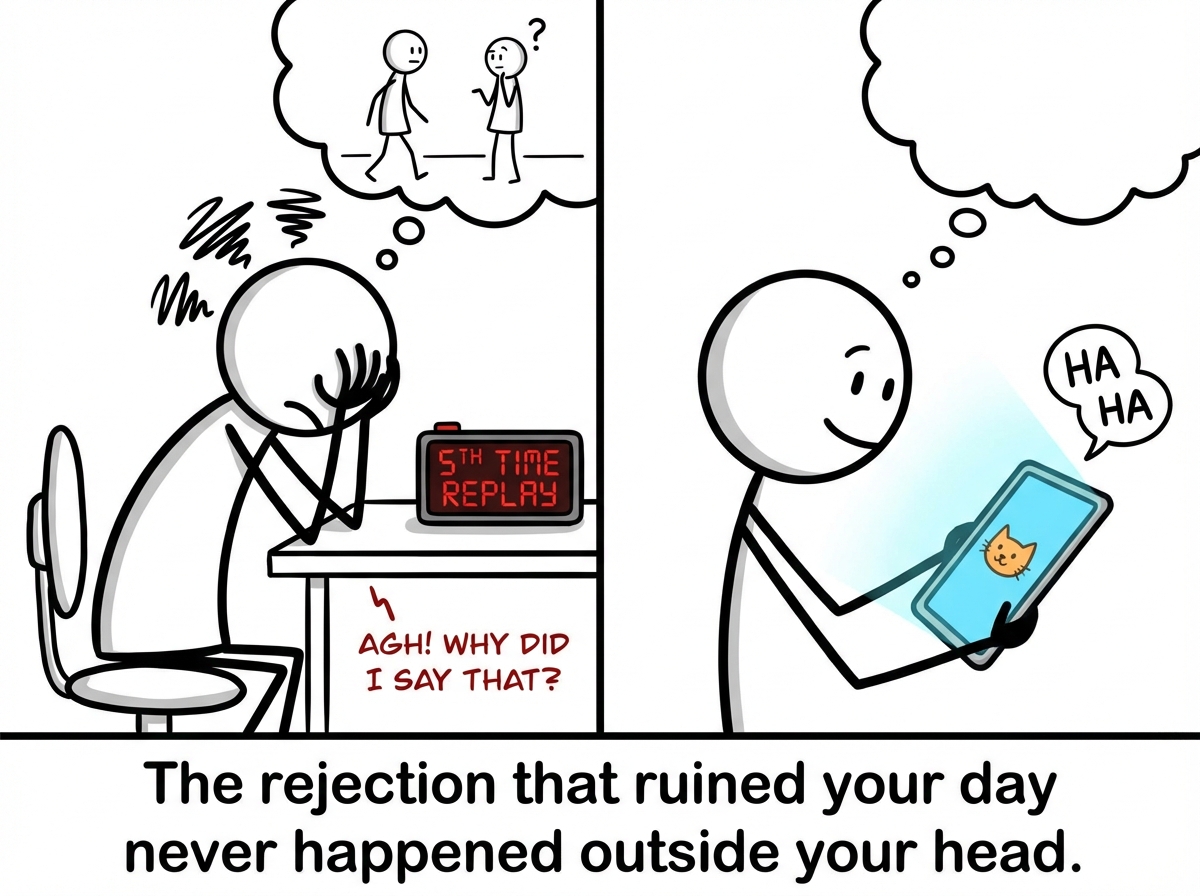A split screen: the stick figure agonizing at their desk, replaying the hallway moment for the fifth time, while the coworker has already forgotten the interaction entirely and is watching a cat video