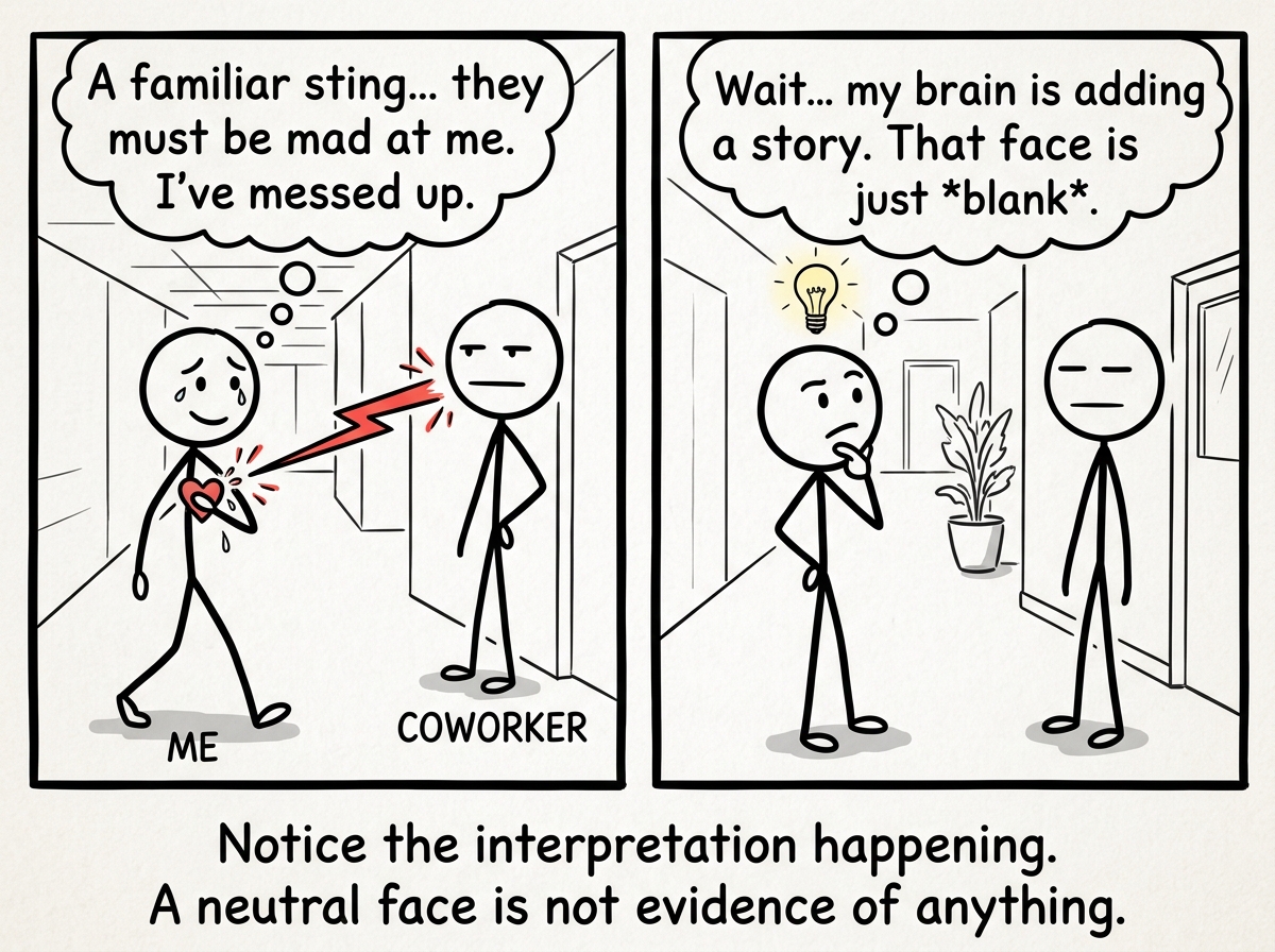 A stick figure seeing a coworker's neutral face and feeling the familiar sting, but catching themselves with a thought: 'My brain is adding a story'