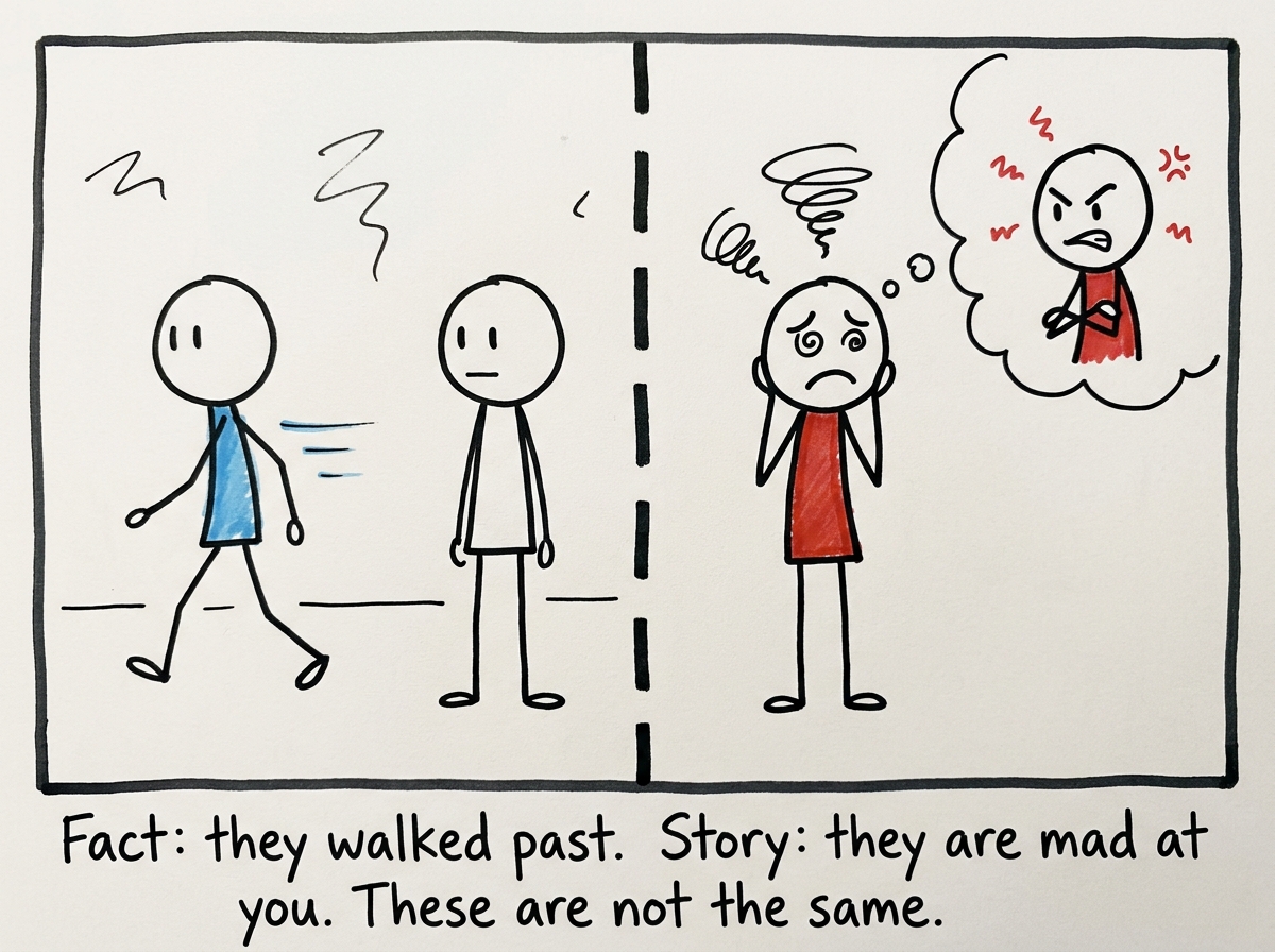 The stick figure mentally separating what happened (a person walked past) from the story (they hate me) with a visible dividing line