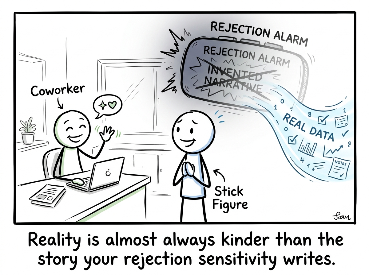 The coworker smiling back warmly, and the stick figure's rejection alarm dimming as real data replaces the invented narrative