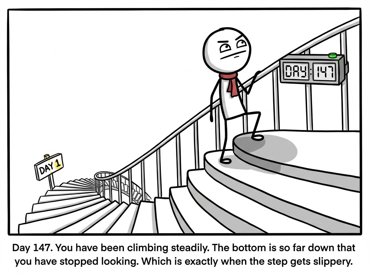 A stick figure climbing a tall spiral staircase that winds upward through the frame. They are about two-thirds of the way up, looking determined, placing one foot confidently on the next step. Below them, the bottom of the staircase is far down and labeled 'DAY 1.' A progress counter on the railing reads 'DAY 147.' The figure's expression is proud but slightly rigid, as if they believe they cannot afford a single misstep.
