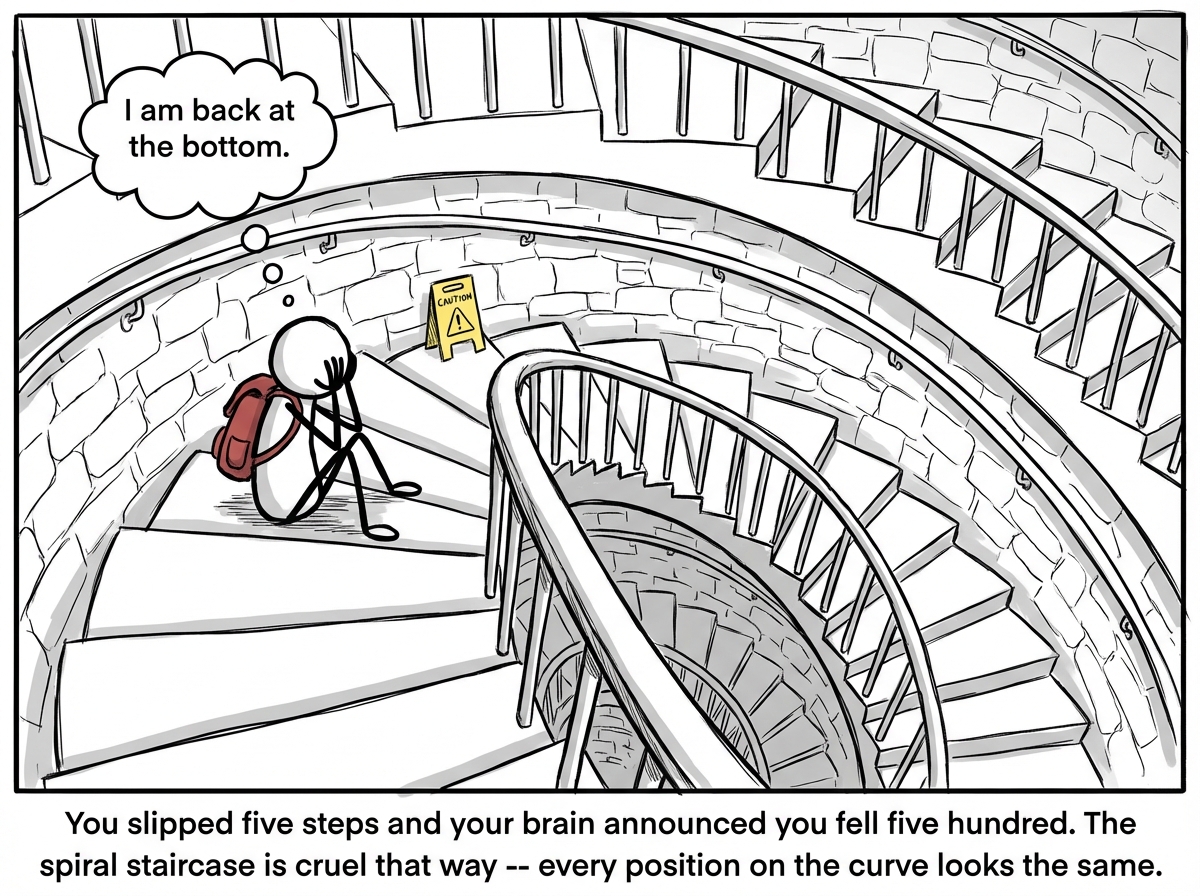 The stick figure has slipped and tumbled back several steps on the spiral staircase. They are sitting on a step, knees pulled up, head in hands. Their thought bubble reads 'I am back at the bottom.' The visual perspective shows they have only fallen about five steps, but from their seated position on the curve, the staircase ahead looks identical to the staircase they remember from the ground floor -- same walls, same railing, same angle. The illusion of being at the start is visceral.