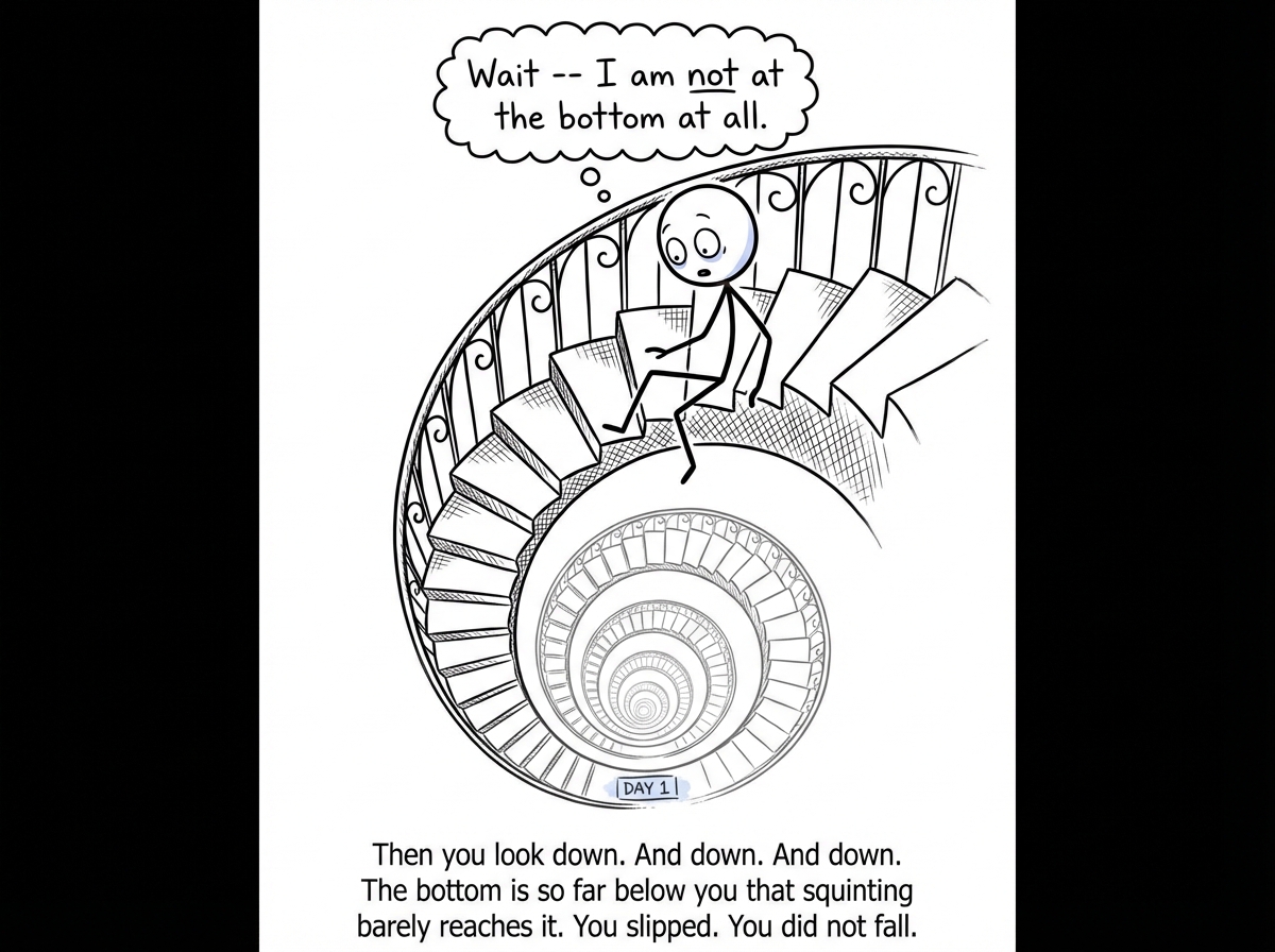 The stick figure, still sitting on the step, slowly tilts their head and looks down over the railing for the first time. Below them, the staircase spirals far, far down -- dozens of levels are visible beneath them, with 'DAY 1' barely visible as a tiny label at the very bottom. Their eyes widen with surprise. A thought bubble reads 'Wait -- I am not at the bottom at all.' Their posture begins to straighten as the realization lands.