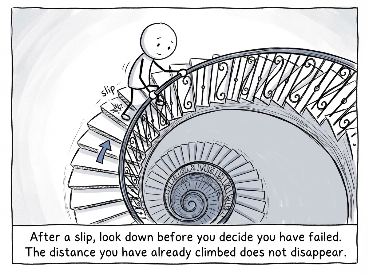 A stick figure looking down a spiral staircase after a slip, hand on the railing, calmly assessing how far they have actually come instead of believing the catastrophic story that they are back at zero.