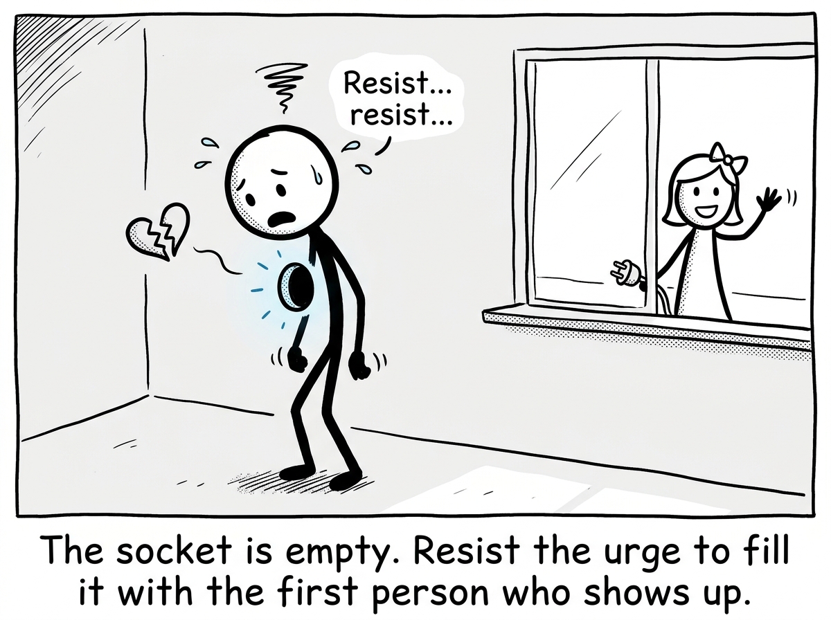 A stick figure looking at the empty socket in their chest after a relationship ends, resisting the urge to immediately find someone new to plug in