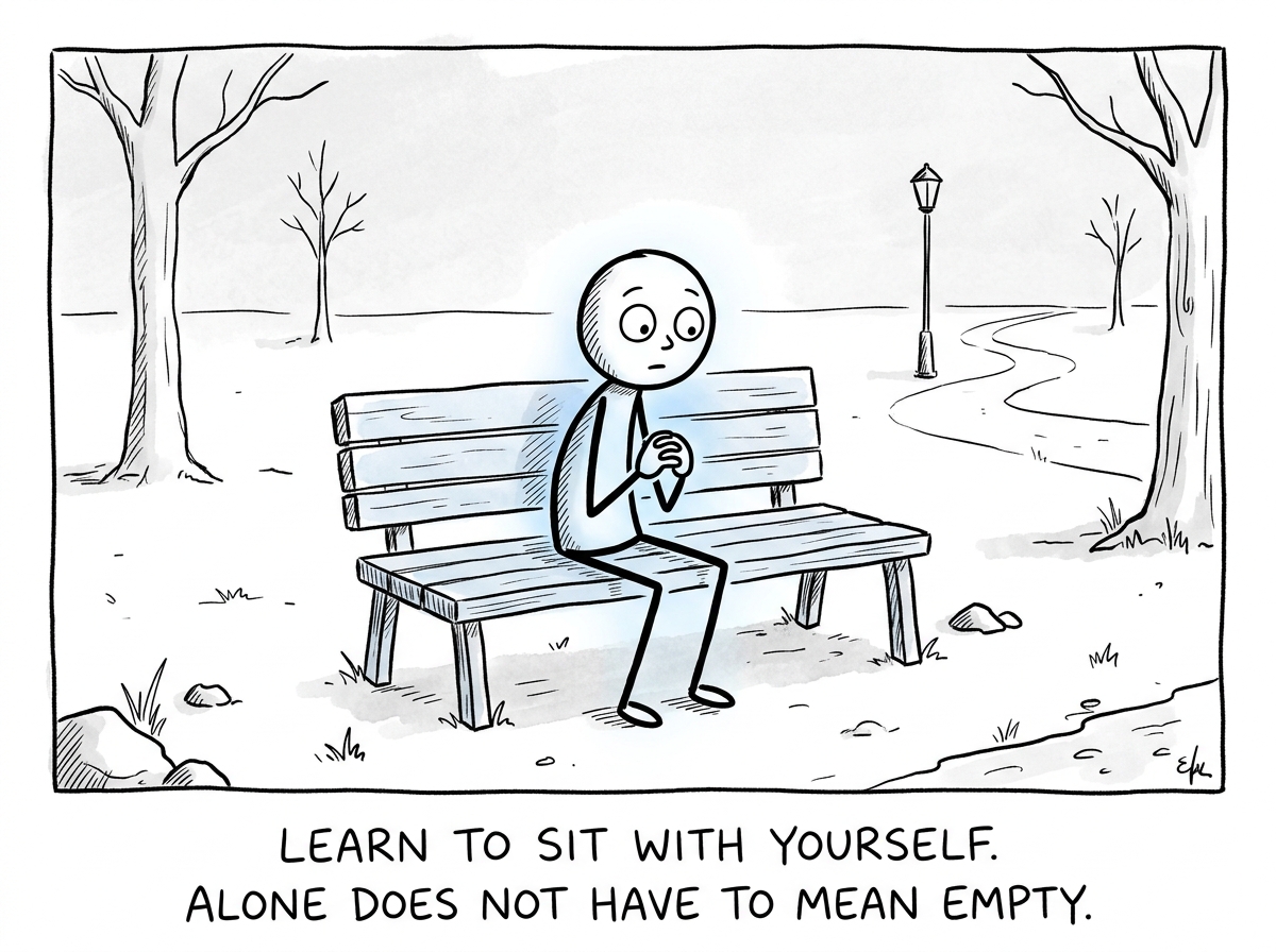 The stick figure sitting alone, uncomfortable but curious, exploring who they are without someone else's validation powering them