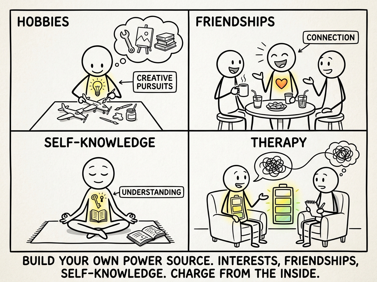The stick figure building their own internal power source -- hobbies, friendships, self-knowledge, therapy -- the battery slowly charging from within