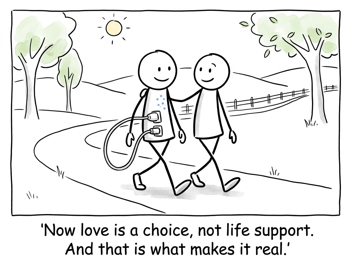The stick figure in a relationship but standing on their own feet, plugged into themselves, the other person beside them as a partner, not a charger