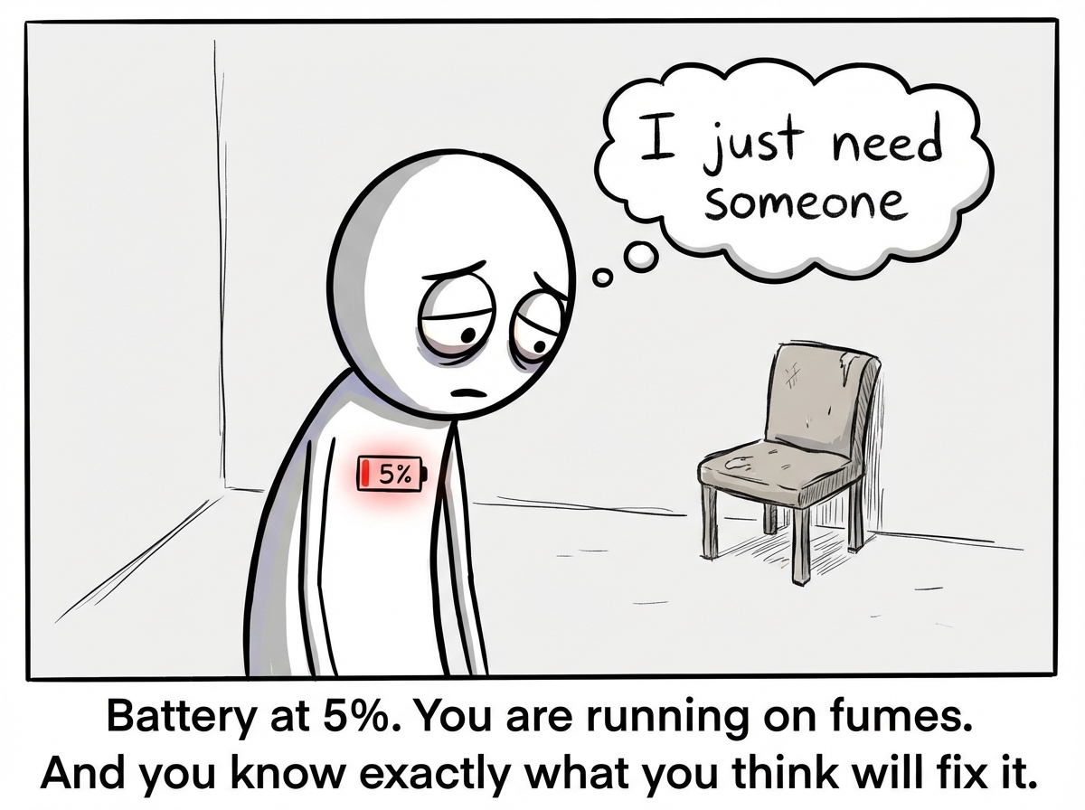 A stick figure looking down at their chest where a battery icon shows 5%, looking drained, empty, and desperate, with a thought bubble reading 'I just need someone'