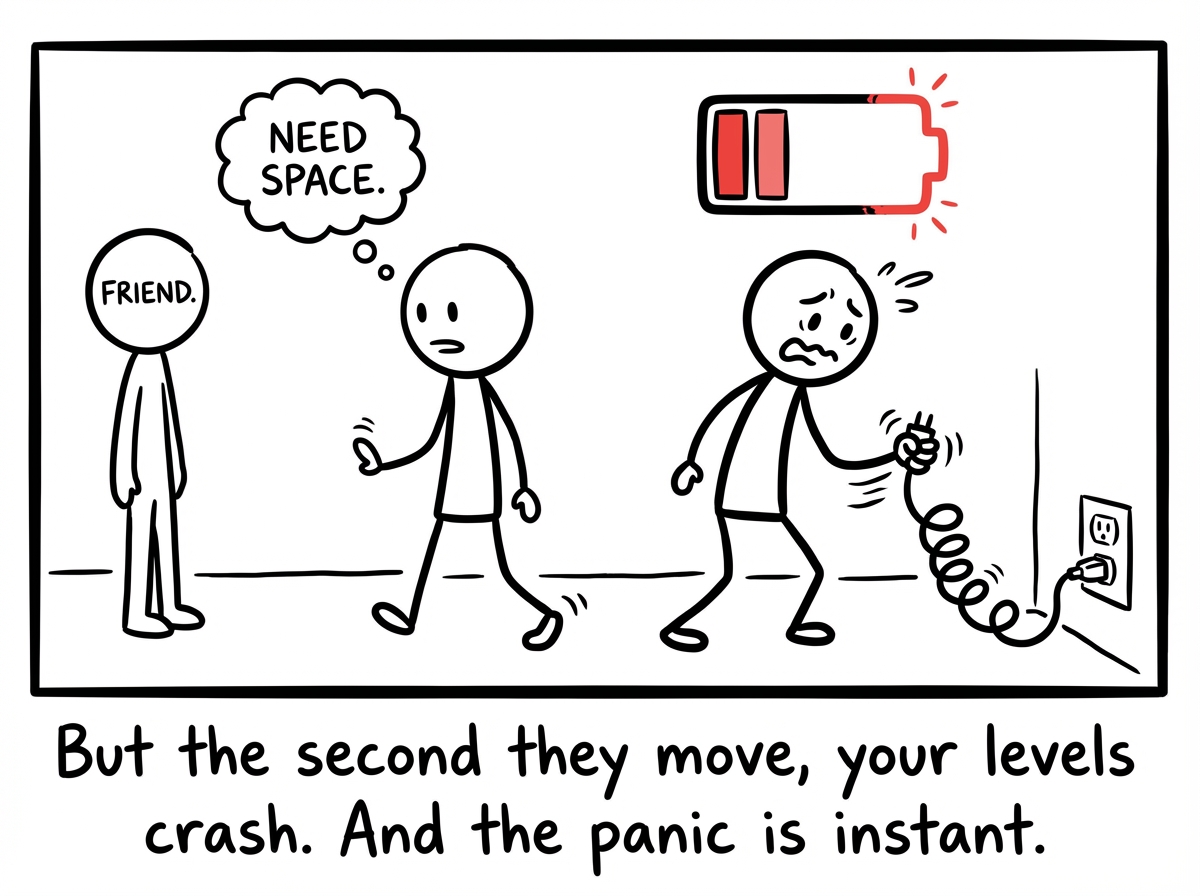 The other person trying to step back slightly -- to see a friend, to have space, to breathe -- and the stick figure's battery plummeting instantly, the figure grabbing the cord in panic