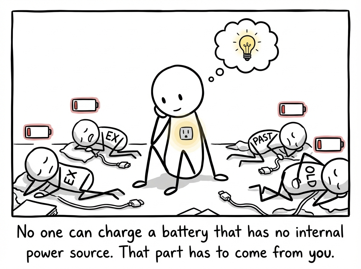 The stick figure surrounded by discarded 'charger people' from past relationships, still at low battery, beginning to notice that the socket in their chest might need to be filled from the inside