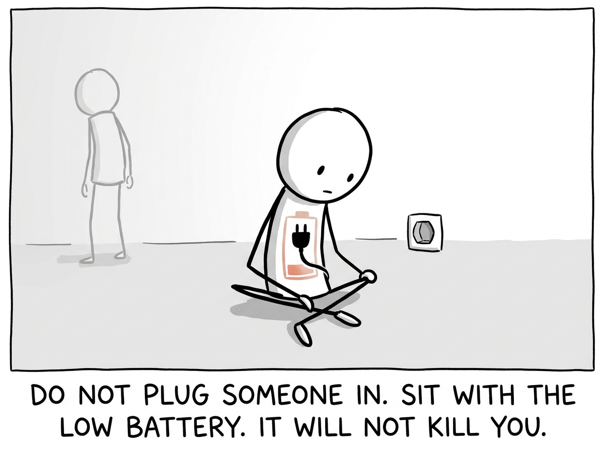 A stick figure looking at the empty socket in their chest, choosing not to plug another person in, sitting with the low battery instead