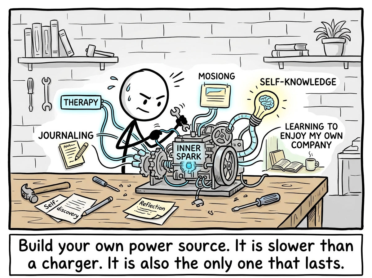 The stick figure starting to build a small internal generator -- therapy, journaling, self-knowledge, learning to enjoy their own company