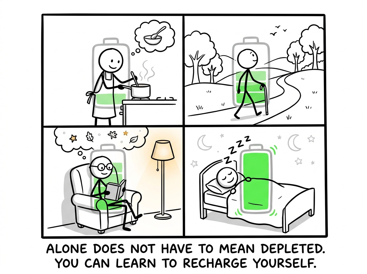 The stick figure doing things alone and finding quiet enjoyment -- cooking, walking, reading -- battery slowly ticking up from the inside