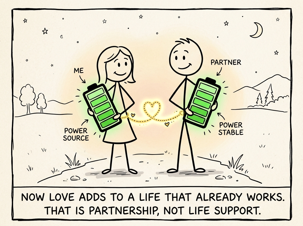 The stick figure standing beside a partner, both with their own power sources, connected by choice not desperation, the battery stable at last