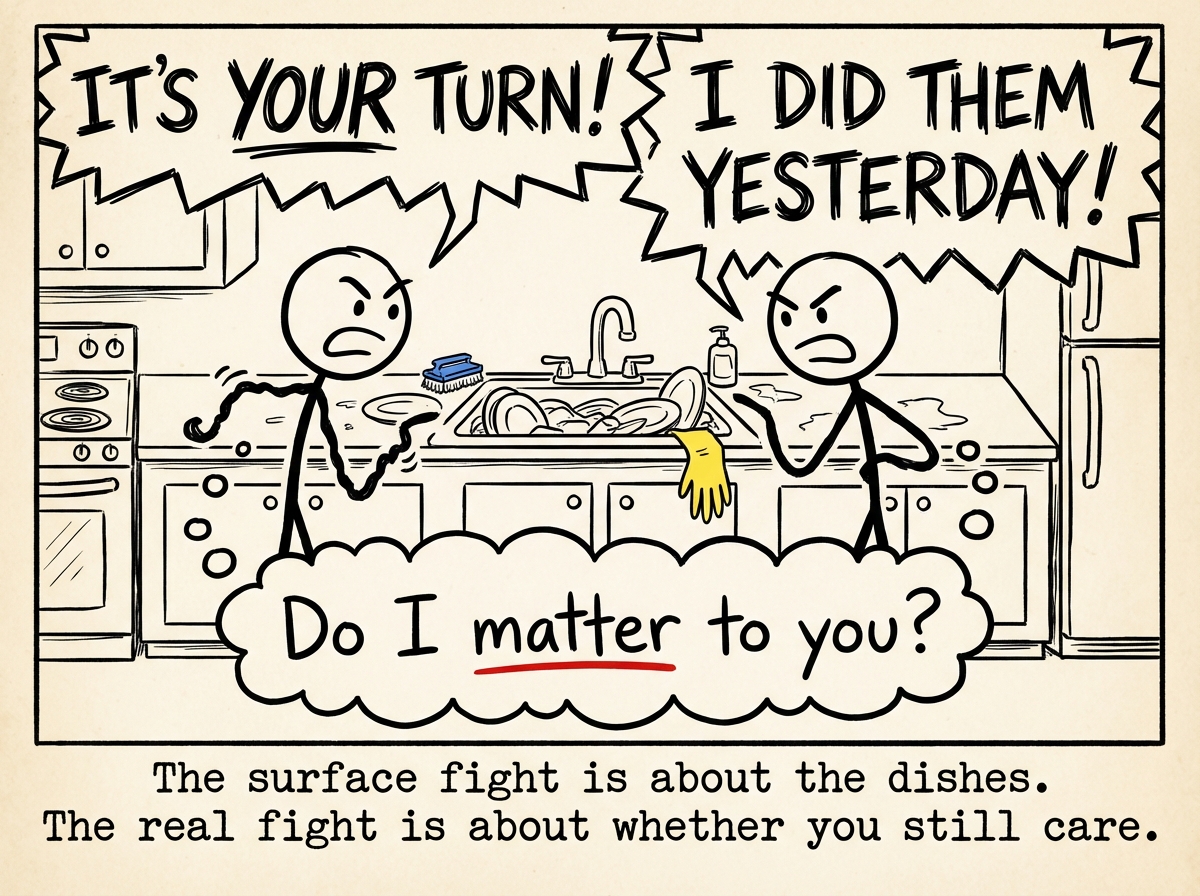 Two stick figures arguing over dishes. Their speech bubbles are heated, but underneath both figures a thought bubble reads: 'Do I matter to you?'
