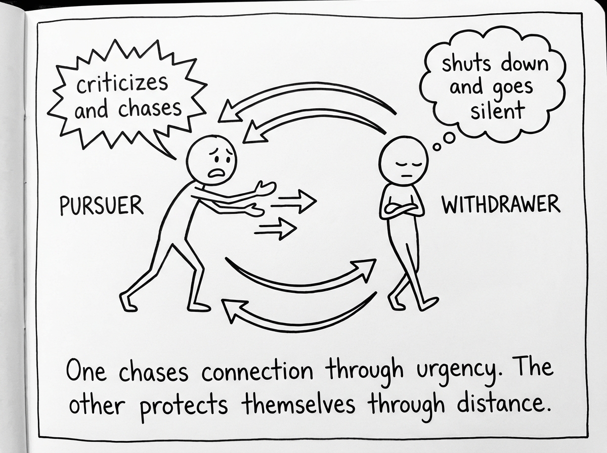 A pursue-withdraw cycle diagram: one stick figure reaching forward labeled 'Pursuer' (criticizes, escalates, chases) and another leaning away labeled 'Withdrawer' (shuts down, goes silent, leaves). Arrows show the loop between them.