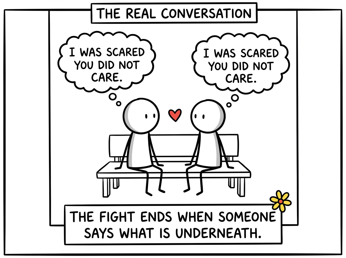 Two stick figures sitting side by side, both saying what is underneath: 'I was scared you did not care.' The fight is over because the real conversation finally started.