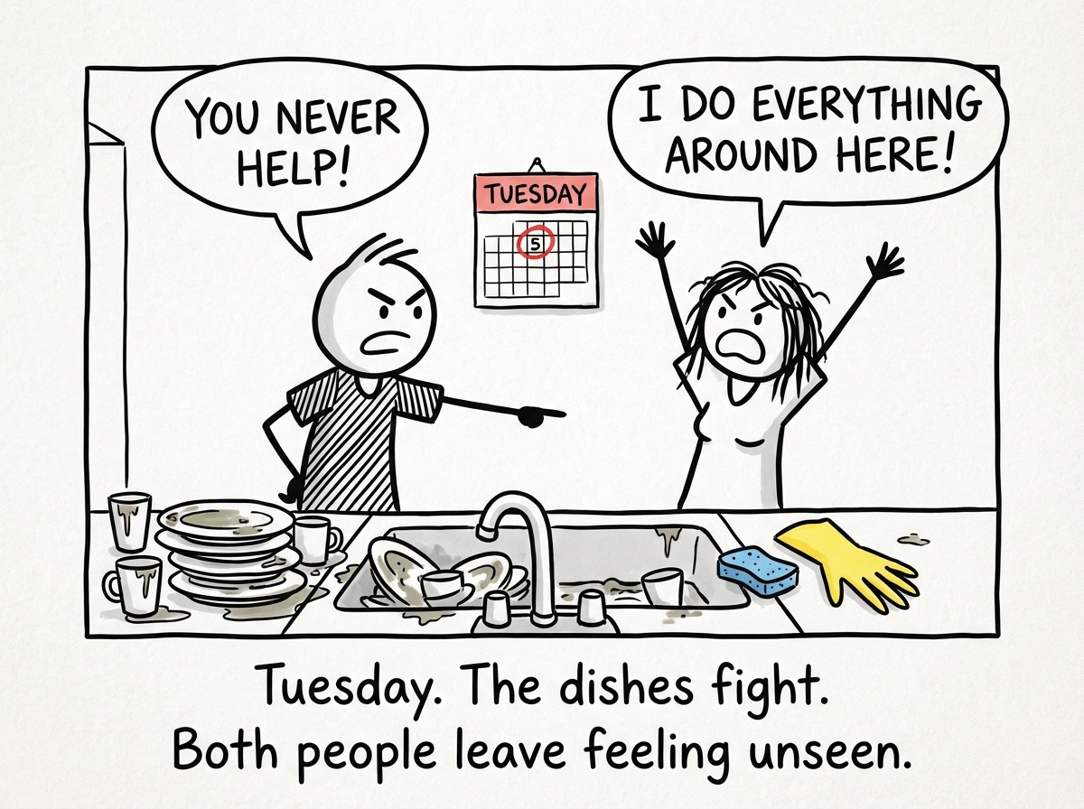A couple arguing in the kitchen. One points at dirty dishes saying 'You NEVER help!' The other throws hands up saying 'I do EVERYTHING around here!' A calendar on the wall shows Tuesday.